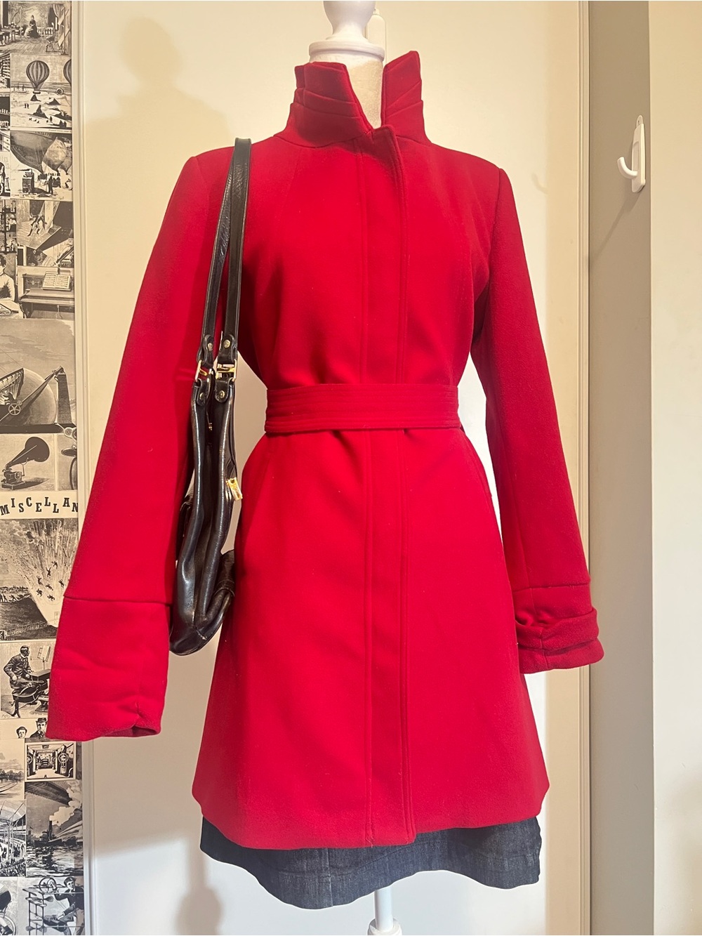 Chic Retro Cherry Red Funnel Neck Belted Trench Coat Mid Length Size 44